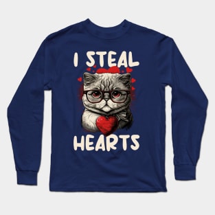 Valentine Gift - I Steal Hearts Funny Cat Saying Long Sleeve T-Shirt